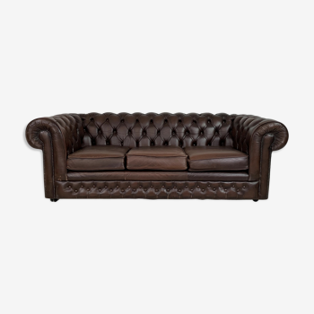 Canapé Chesterfield en cuir marron années 70