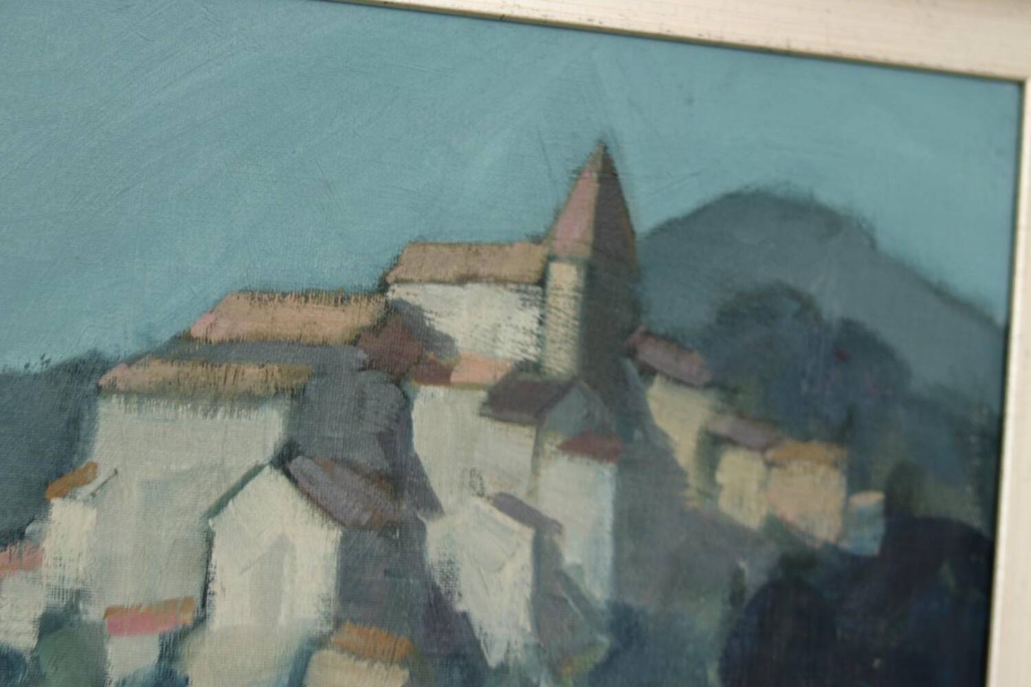 Mid Century Swedish Oil on Canvas “Village Motif” by Bengt Hillgrund