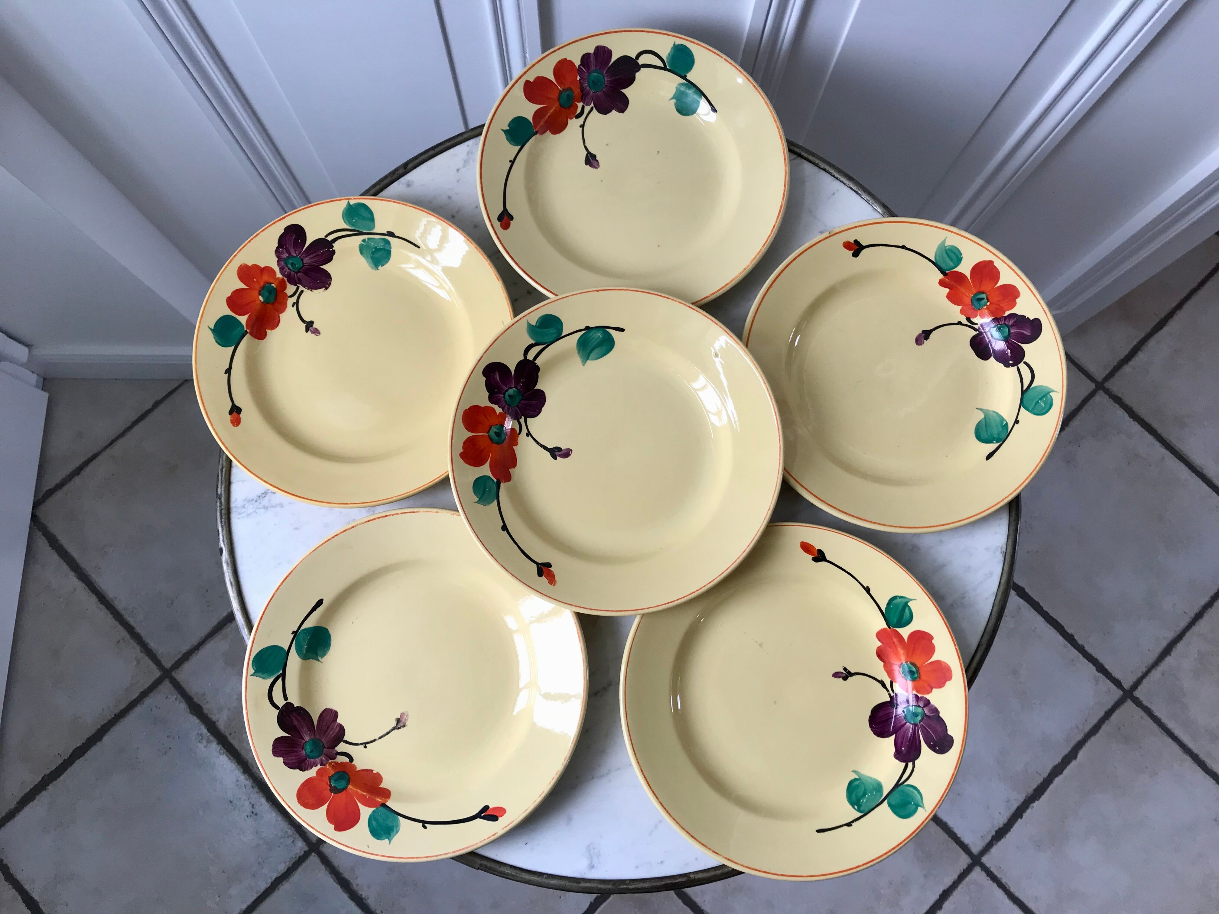 Lot de 6 assiettes plates Digoin Sarreguemines modèle "Ginette" années 30-40