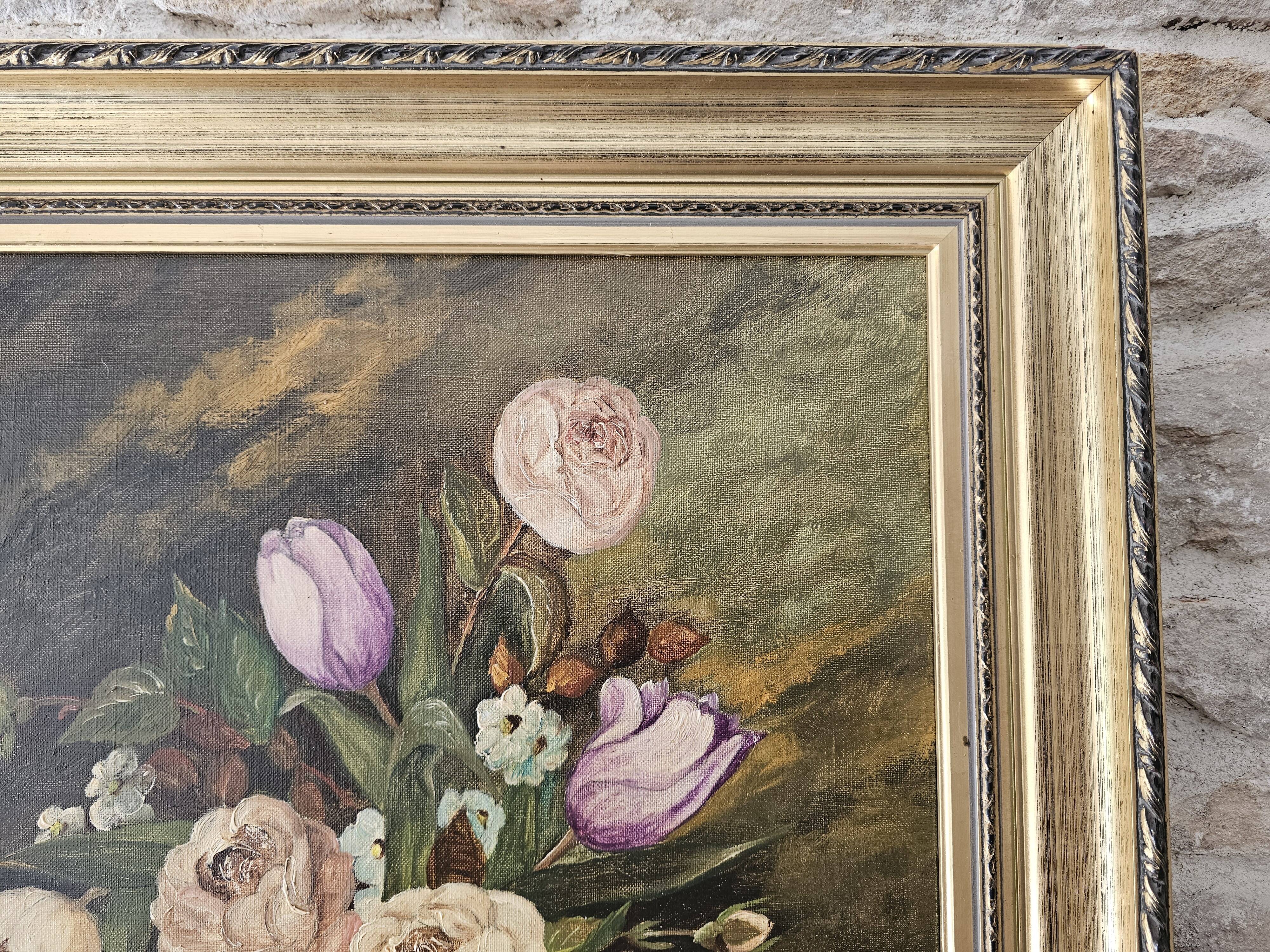 Oil on Canvas Table Old Bouquet with Glasses Case Signed Andrée Be