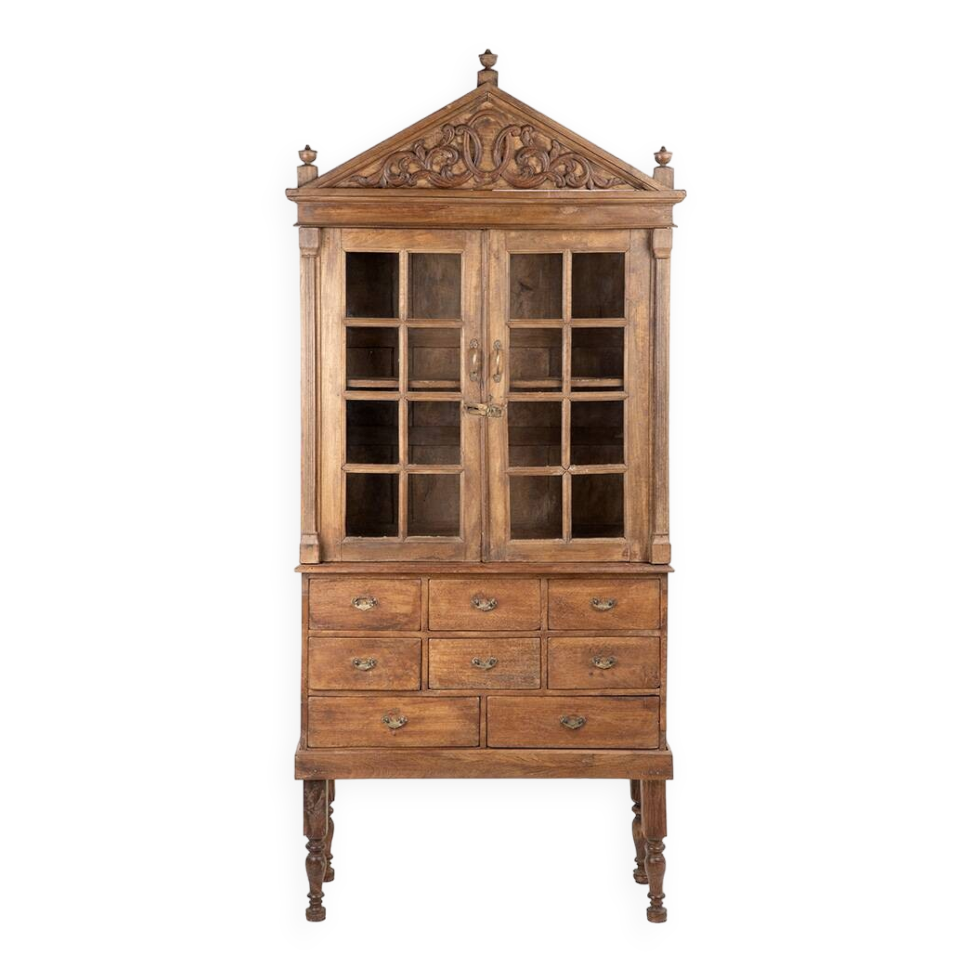 Large glass cabinet with 8 wooden drawers