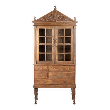 Grande armoire vitrée à 8 tiroirs en bois