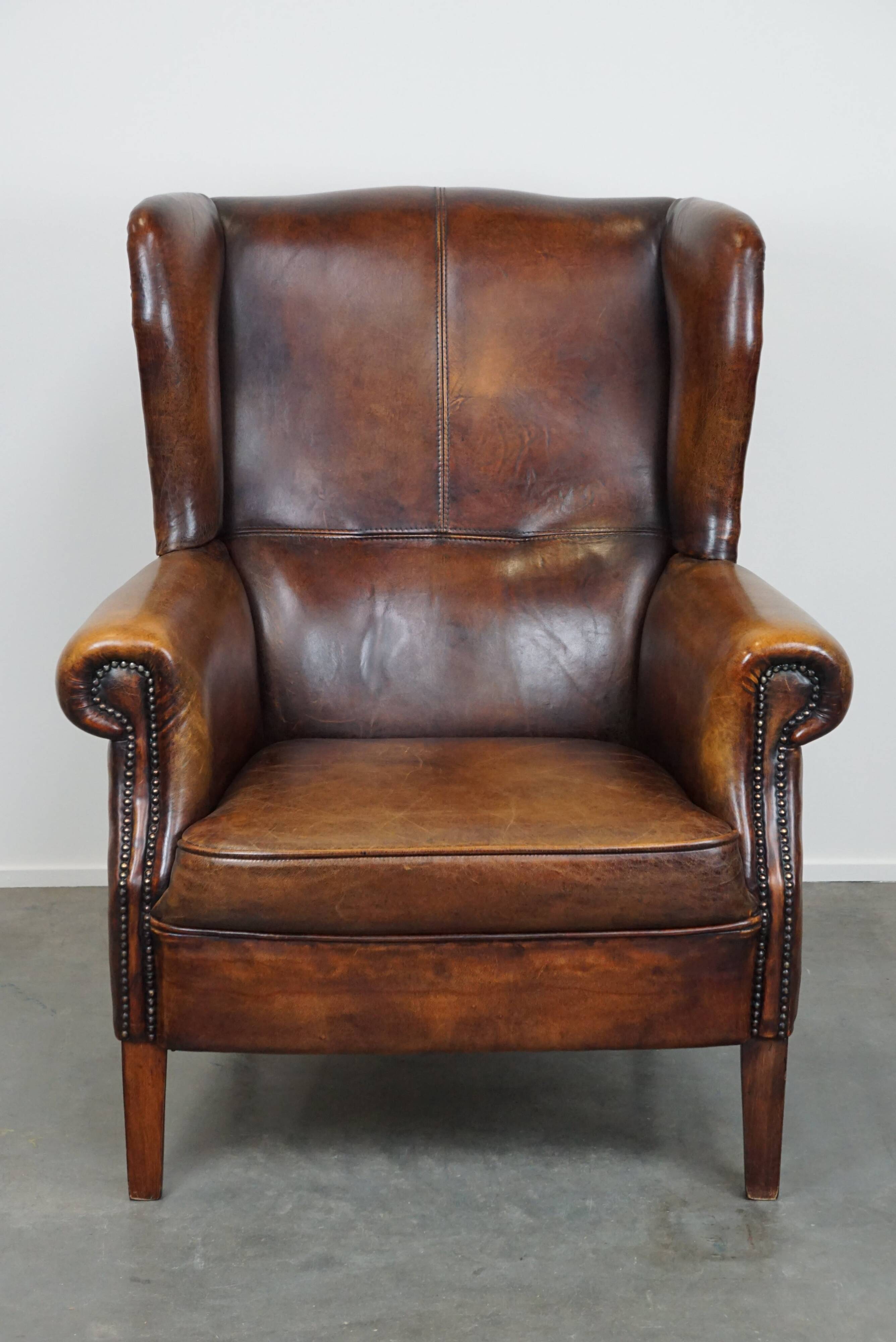 large wingback chair made of sheepskin leather with uniquely beautiful colors