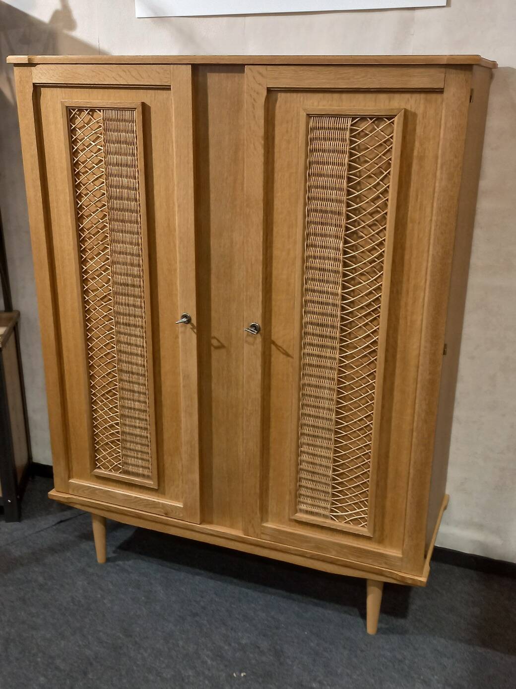 Vintage 70s rattan, wicker, and oak wardrobe