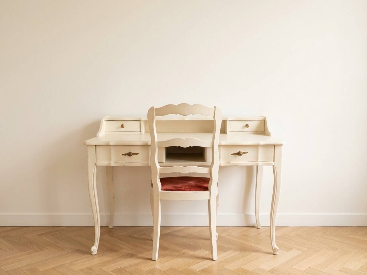 Ensemble bureau secrétaire rétro et sa chaise en bois beige