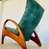 Vintage Danish Holserbro Møbelfabrik Lounge Chair & Stool in Green Suede