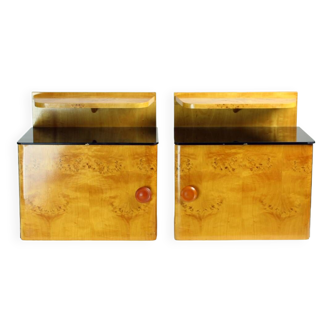 Wall Mount Art Deco Bedside Tables With Glass Tops, Czechoslovakia 1940s