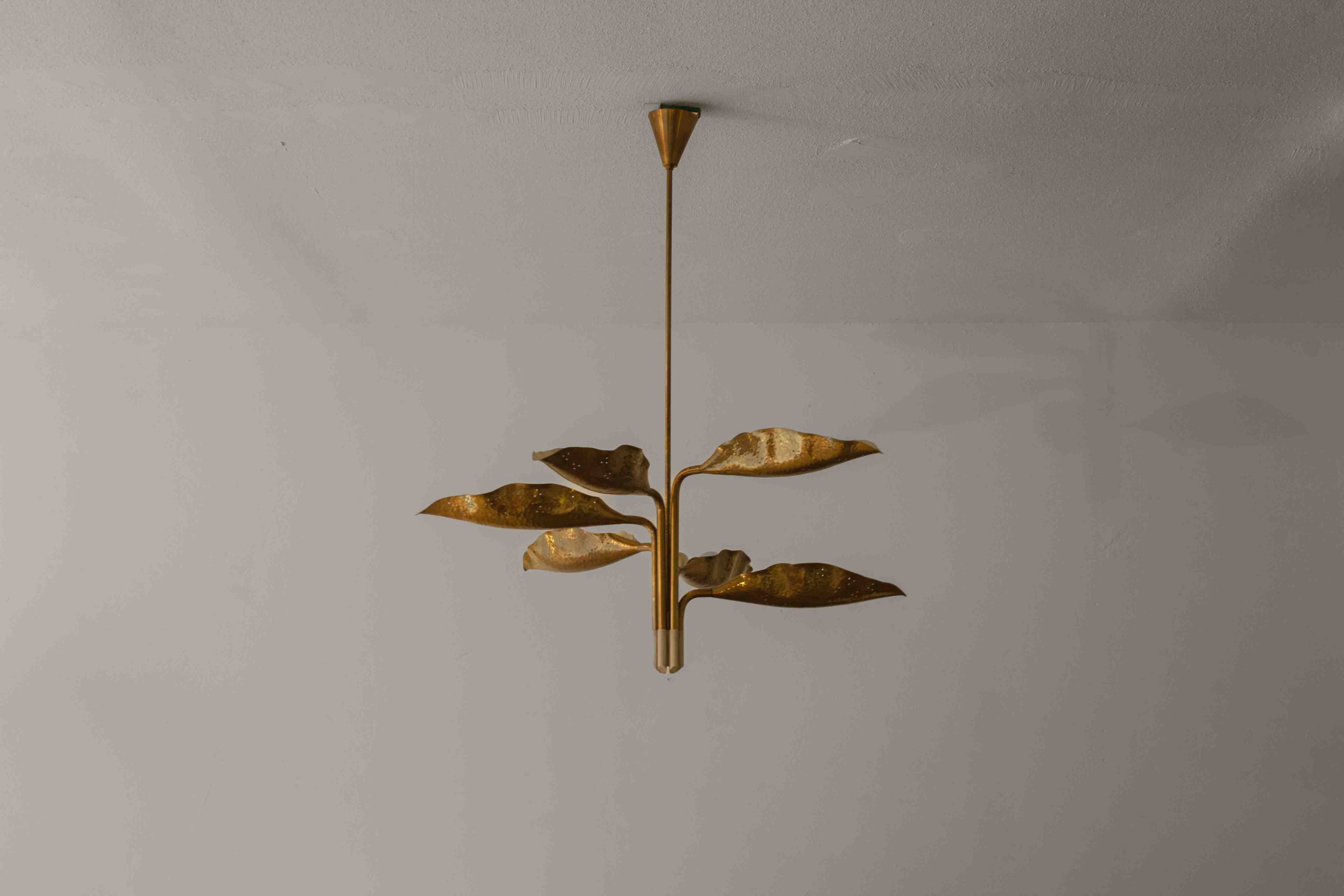 Incredible chandelier with perforated brass leafs by A.  Lelii, Italy 1950s