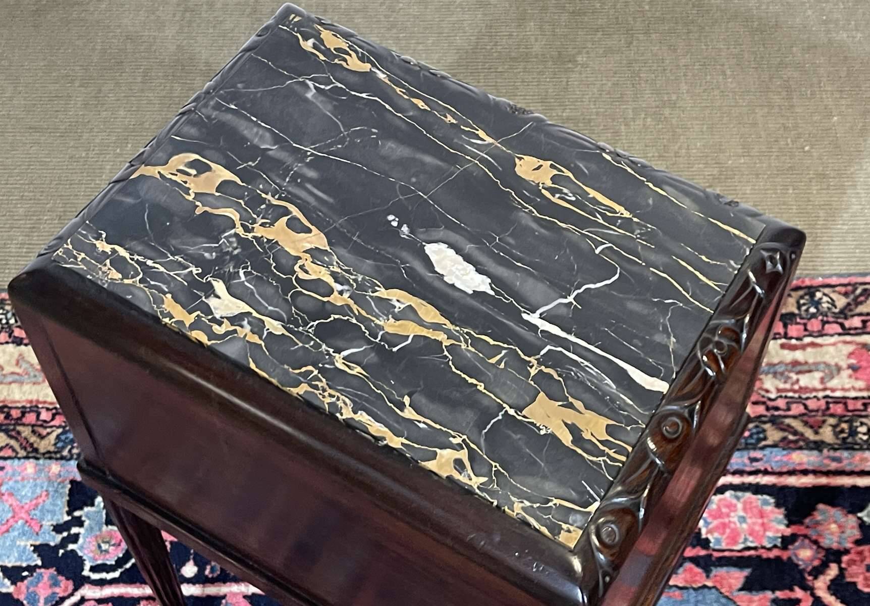 Art Deco bedside table in rosewood, walnut burl, and marble top.