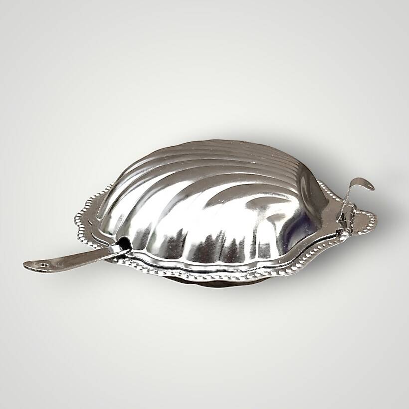 Vintage stainless steel and cobalt blue glass shell butter dish with box + knife