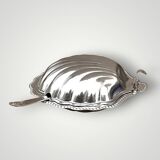 Vintage stainless steel and cobalt blue glass shell butter dish with box + knife