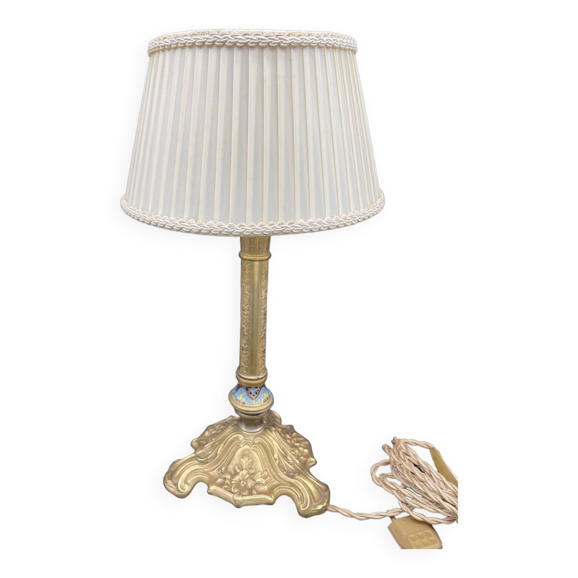 Antique, lamp, bronze, candle holder, gold, cloisonné enamel, ecru white lampshade, flower decor, leaf