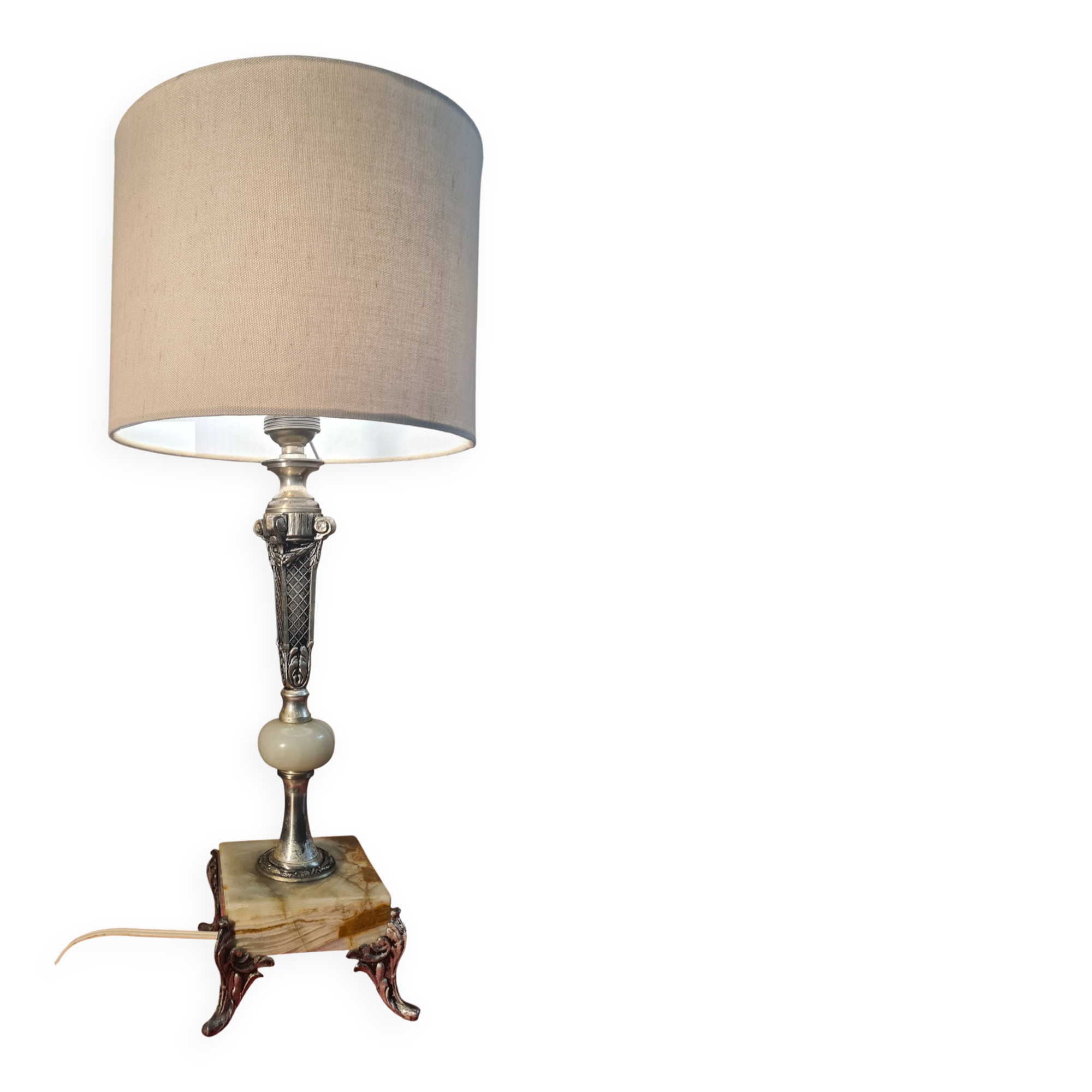 Onyx marble lamp 1970, new linen shade 53x23.