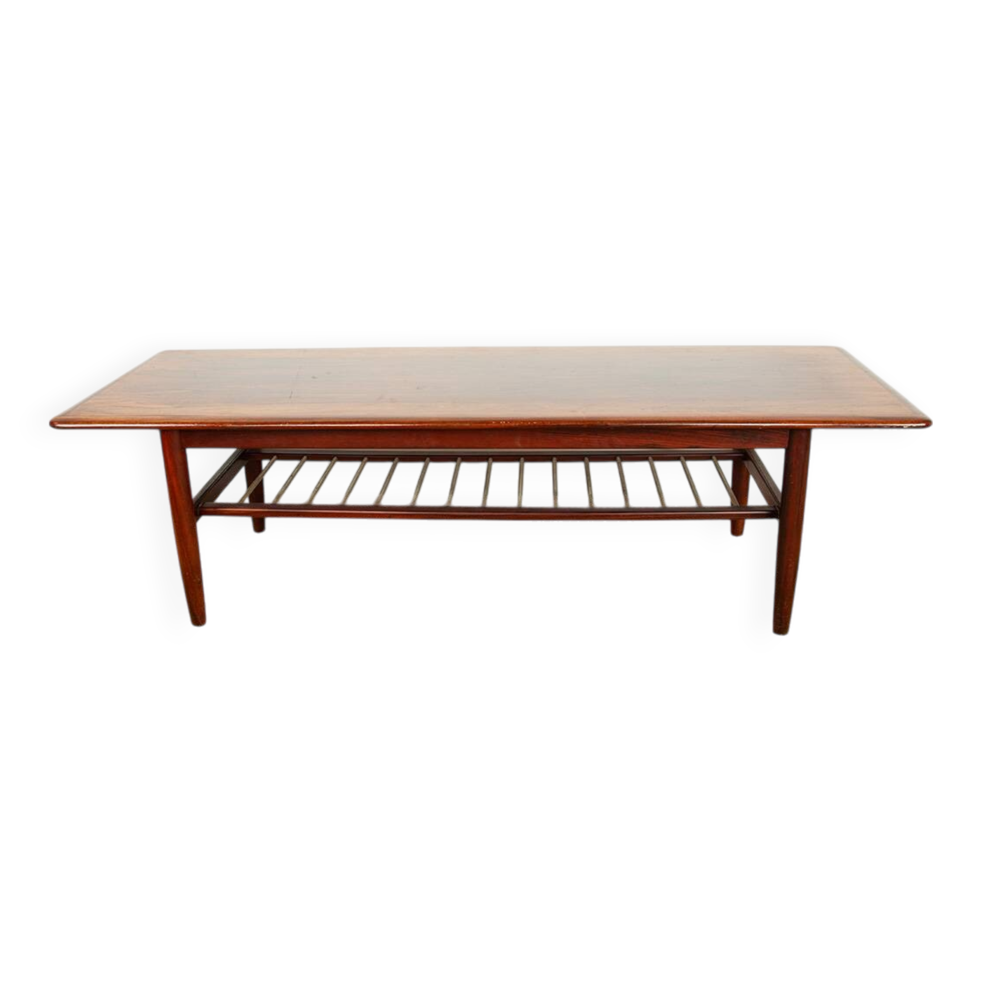 Rosewood and metal tube coffee table, two levels, Denmark 1960.
