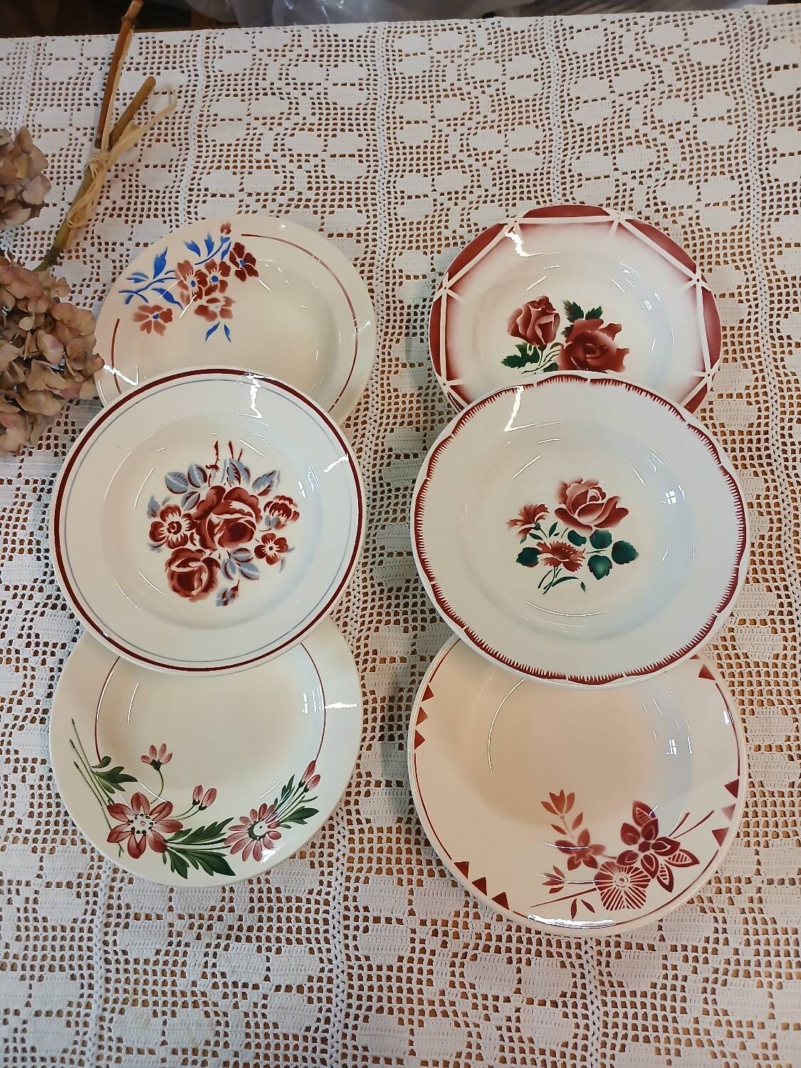 6 mismatched antique soup plates