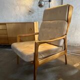 Scandinavian Style Sofa + Three Armchairs Set in Light Wood and Leather
