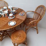 Bamboo table with extensions, 3 chairs and 3 stools from the 60s