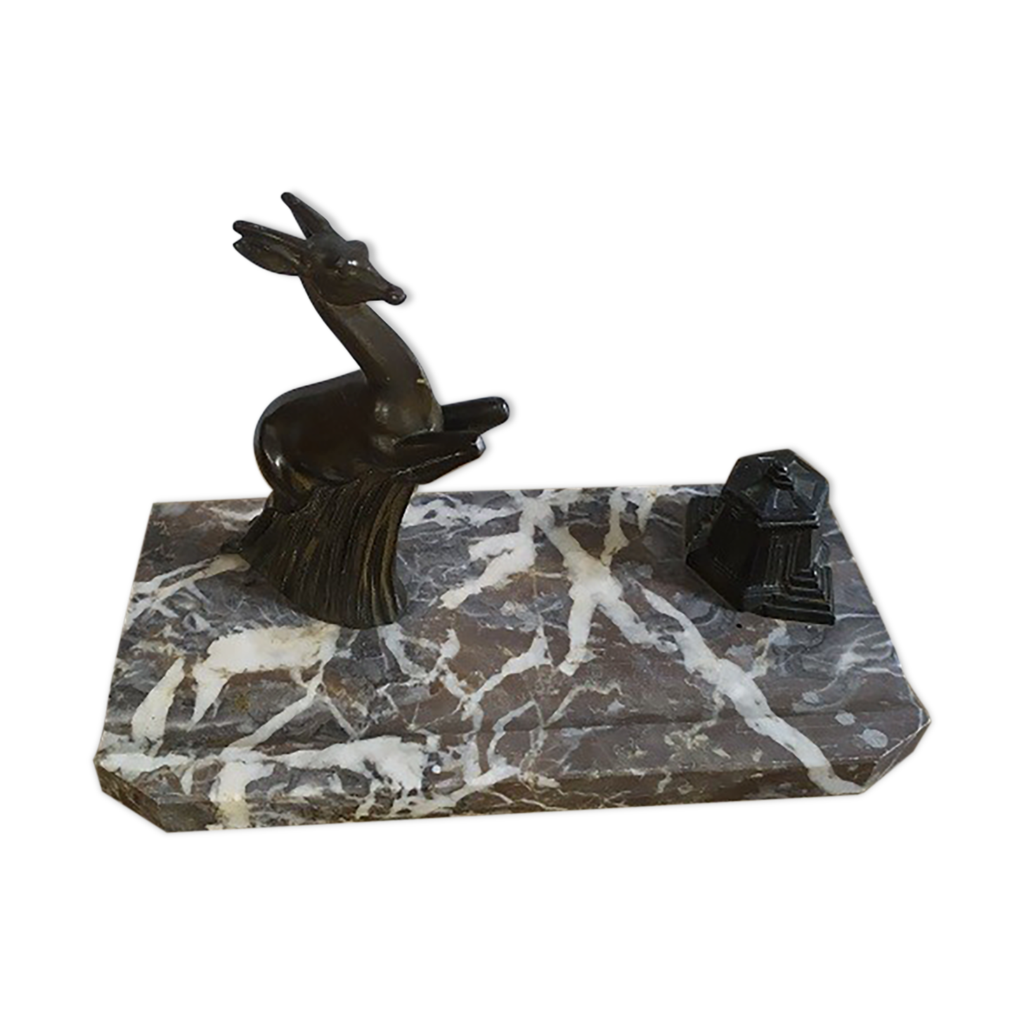 Inkwell old year 40 marble statuette deer brass alloy Brocanteespritdantan