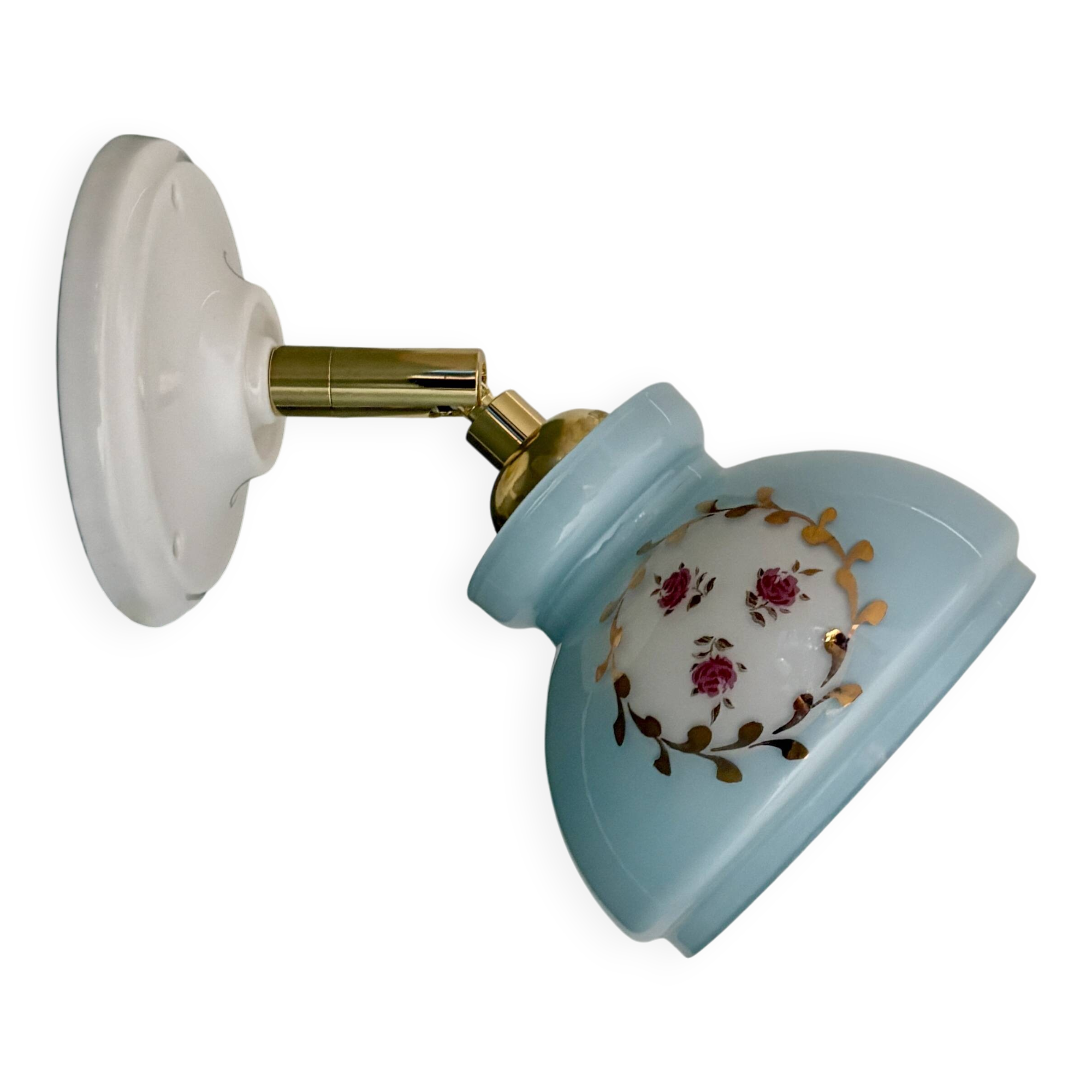 Vintage wall sconce with blue opaline glass shade and floral decorations