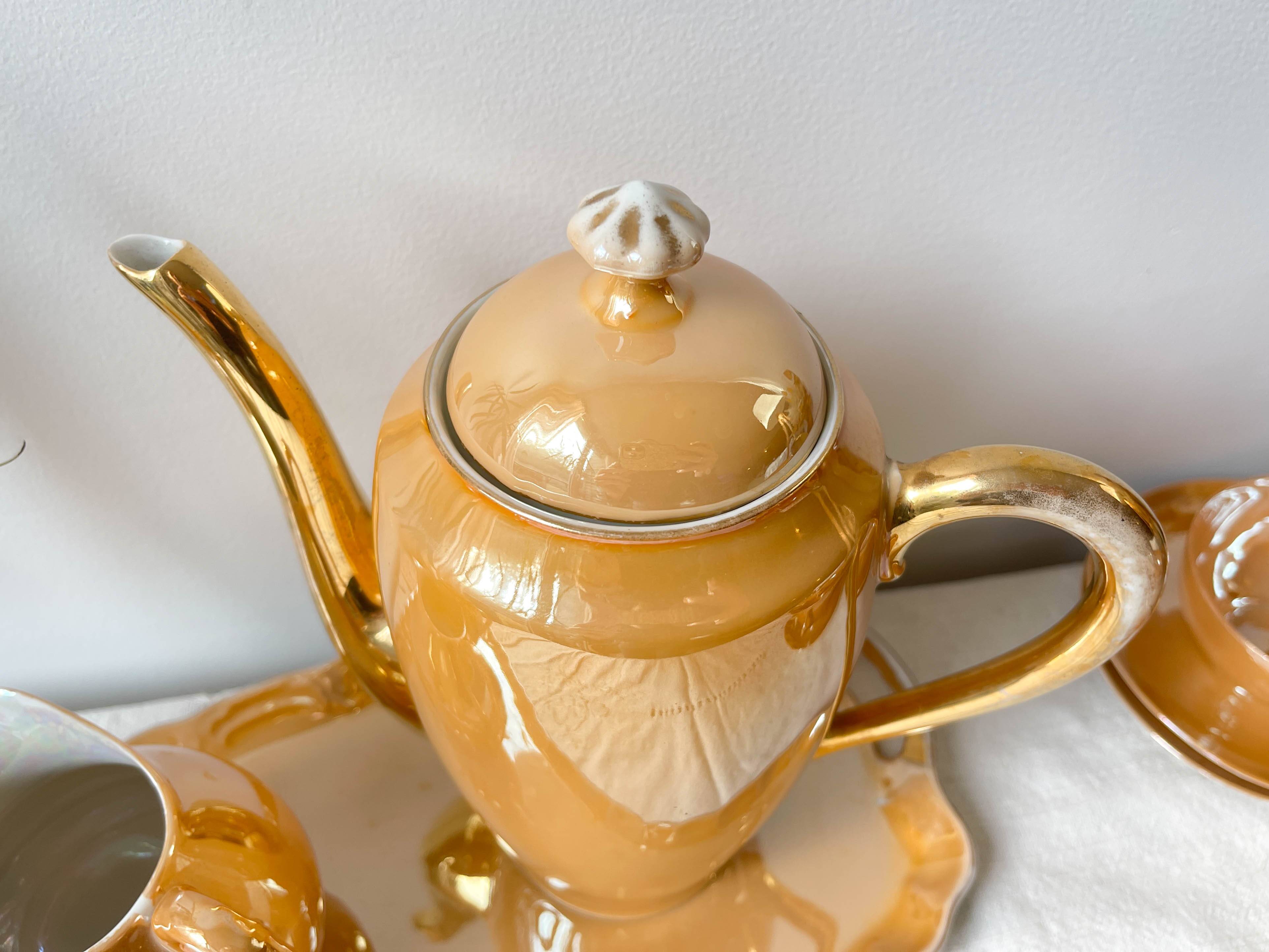 Vintage Czecho-Slovakia Victoria China Iridescent Peach Lustre Tea Set 1950s