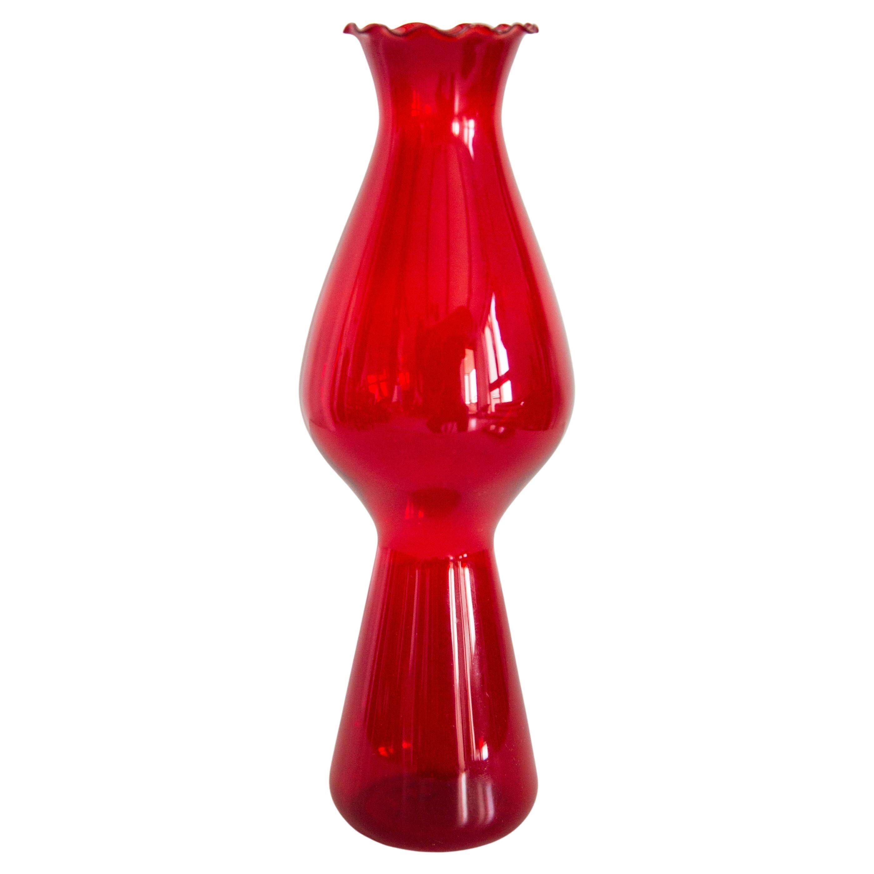 Thin red glass vase from the mid-century with a ruffle, Europe, 1960s