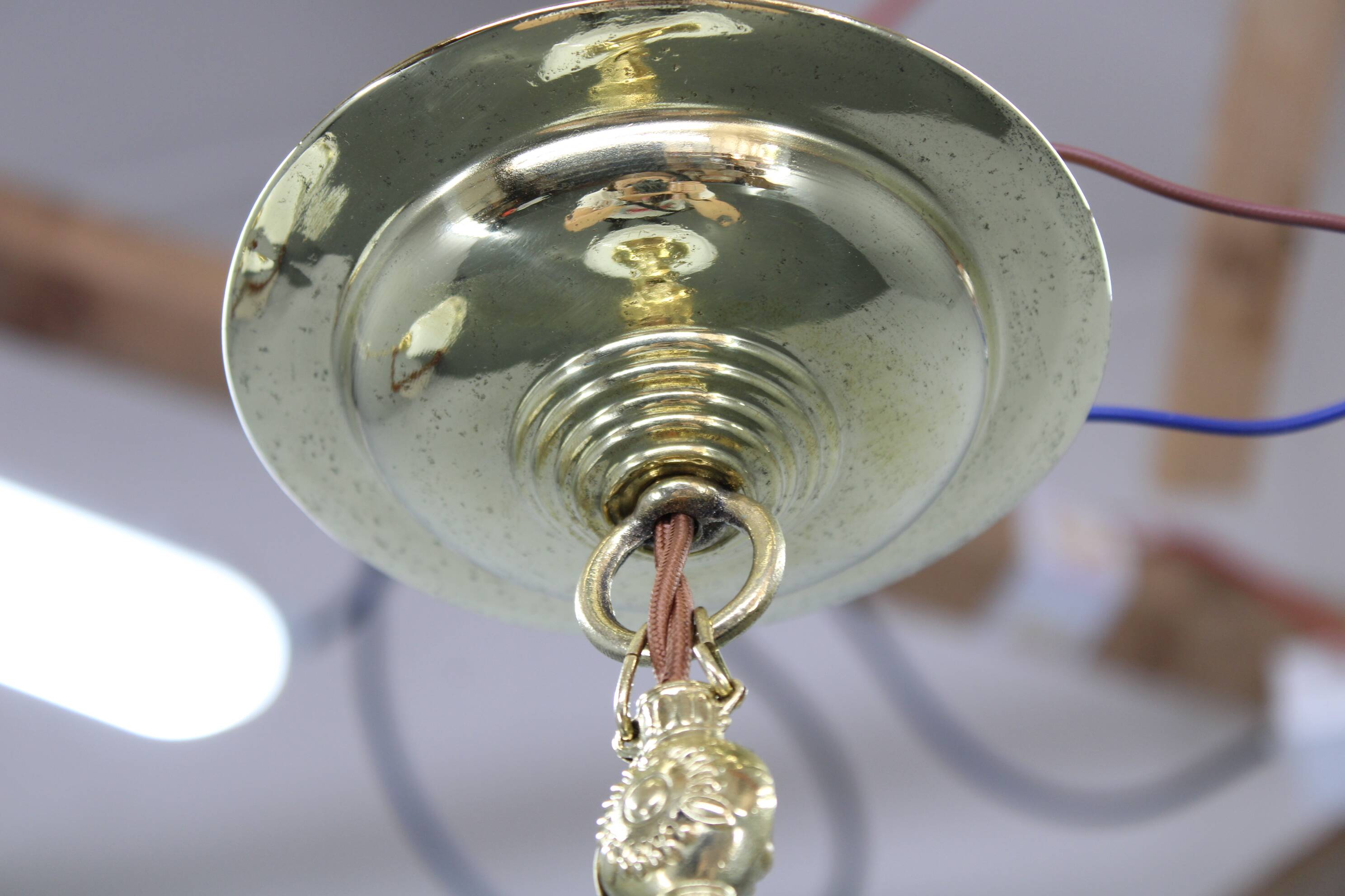 Pair of 1930s Peter Behrens Luzette pendants in opaline glass and brass