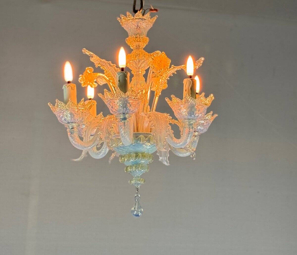 Small Venetian Chandelier In Opalescent Blue And Gold Murano Glass, 6 Arms Of Light Circa 1950