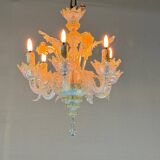 Small Venetian Chandelier In Opalescent Blue And Gold Murano Glass, 6 Arms Of Light Circa 1950