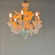 Petit Lustre Vénitien En Verre De Murano Bleu Opalescent Et Doré, 6 Bras De Lumière Vers 1950