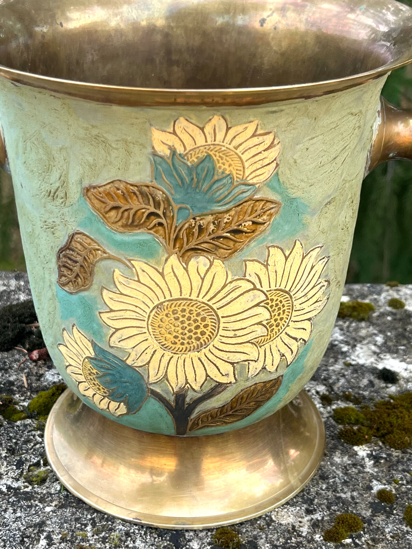 Cloisonne Brass champagne bucket with sunflower relief decoration