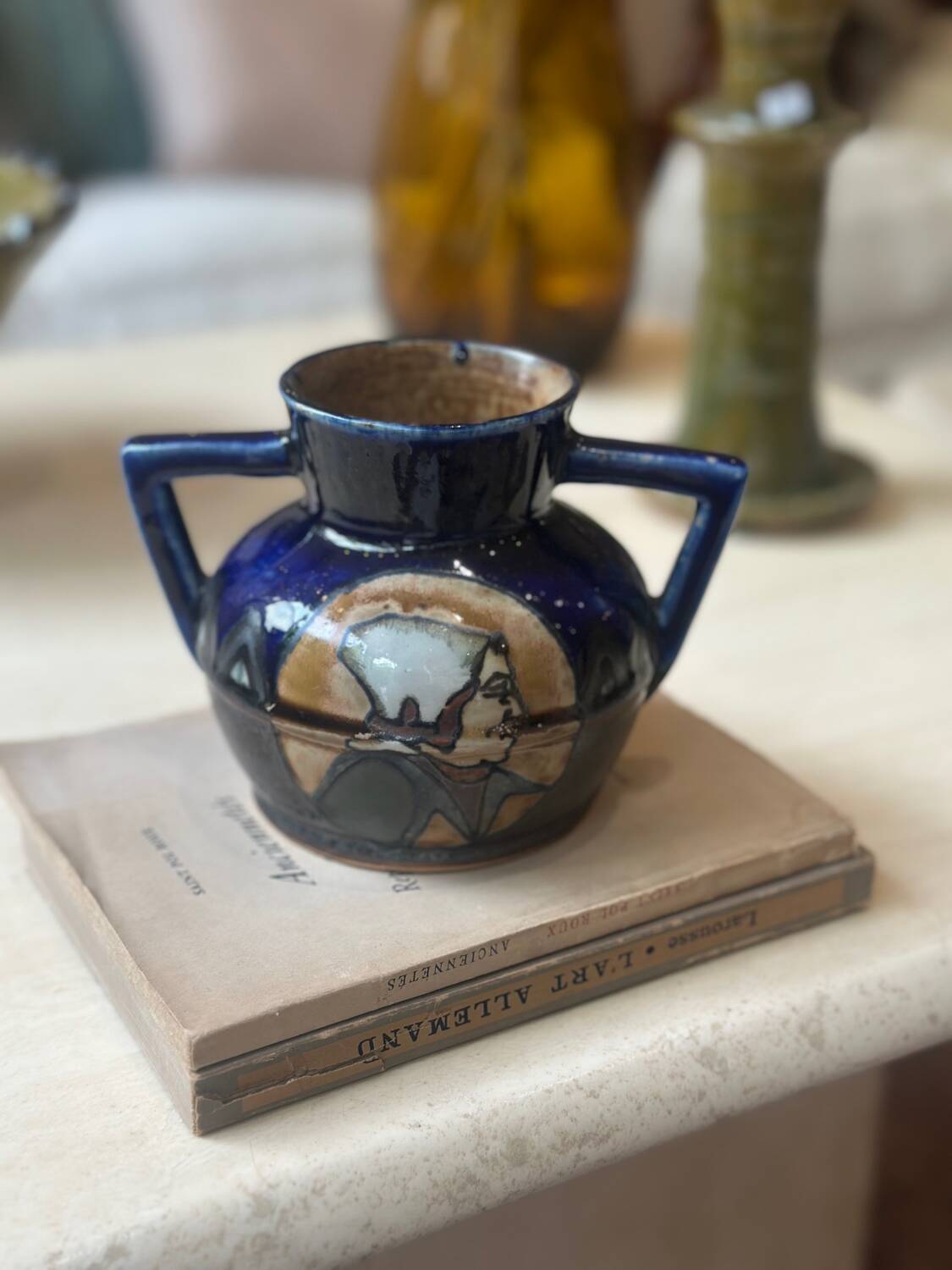 Odetta glazed stoneware blue ceramic vase Faïencerie HB Quimper Bretagne art