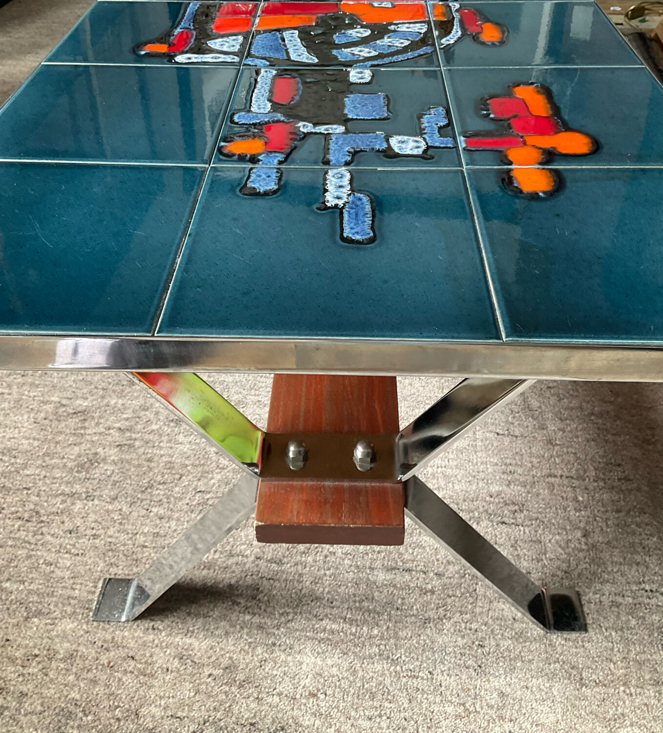 Coffee table in signed ceramic and chromed metal 70s