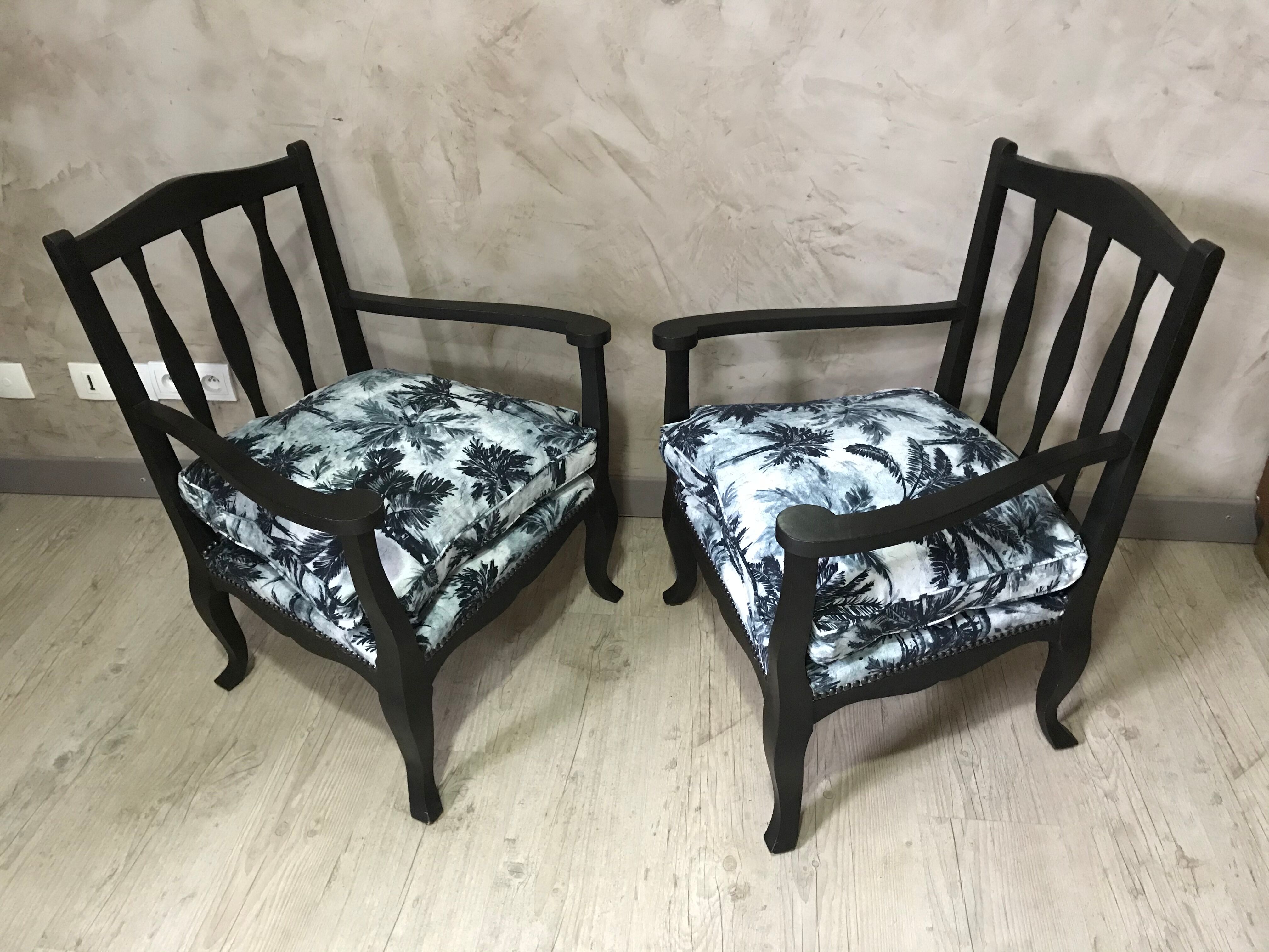 Pair of jungle fabric armchairs
