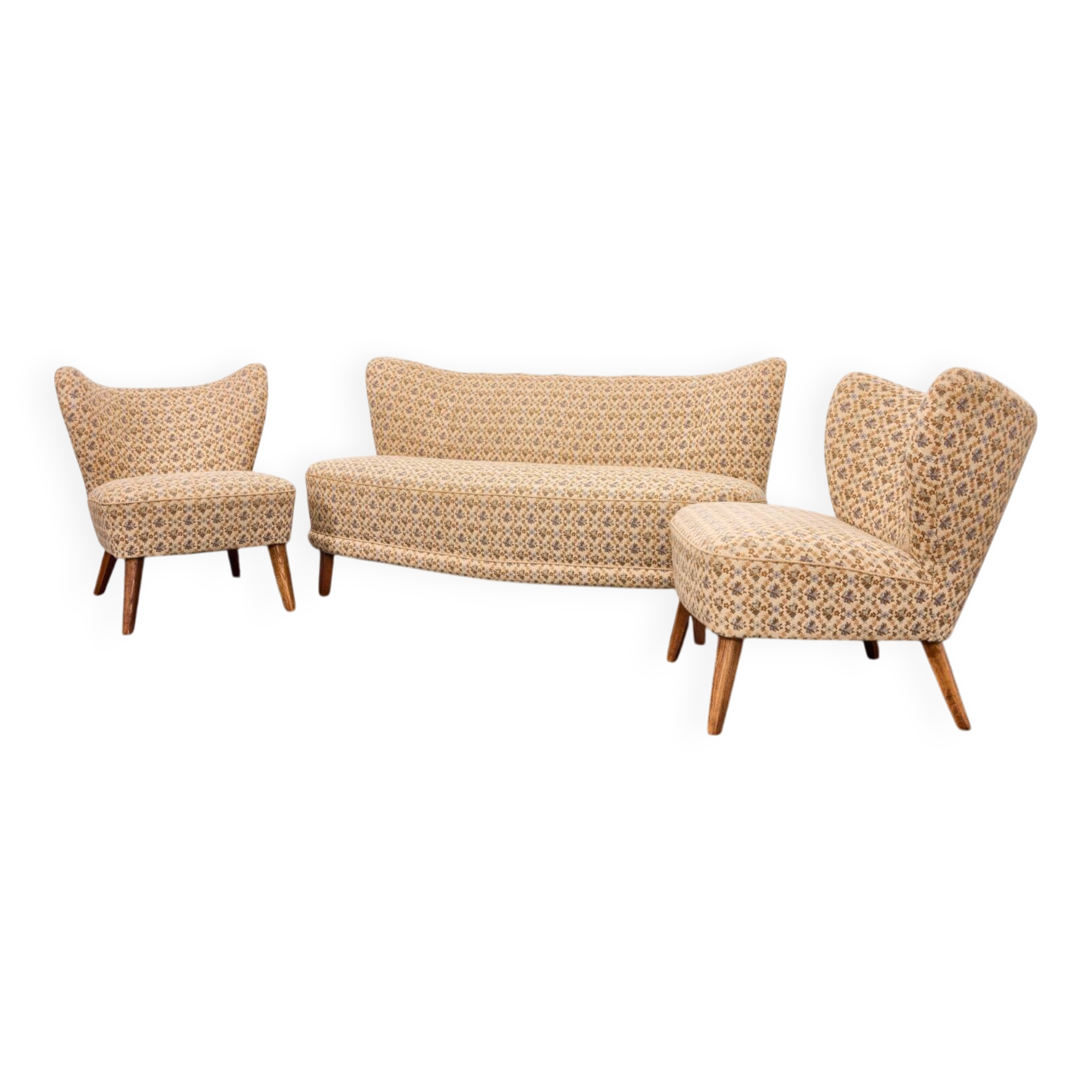 Ensemble canapé et fauteuil cocktail suédois, années 1950 – Dossier courbé