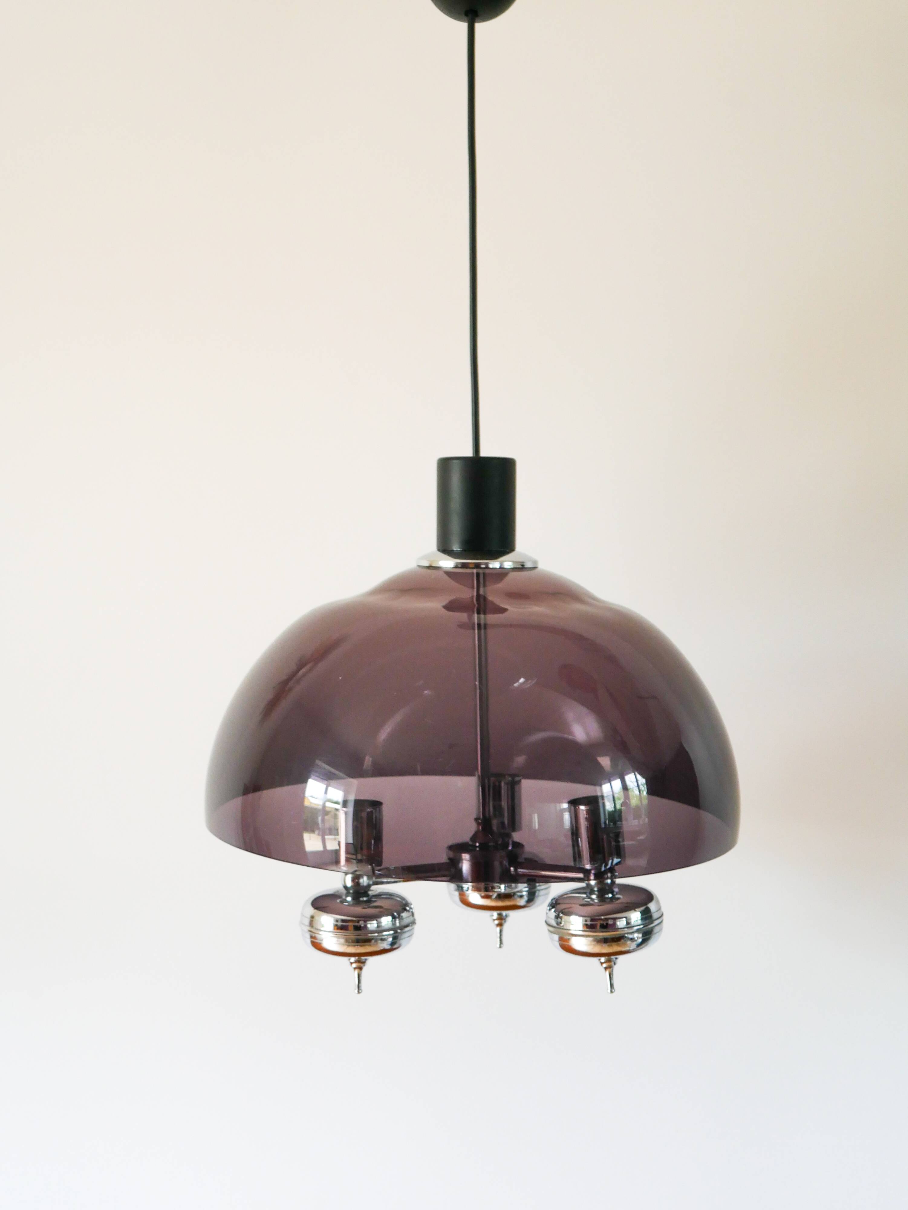 Three-branched chandelier in smoked plexi and chrome, Space Age, 1970