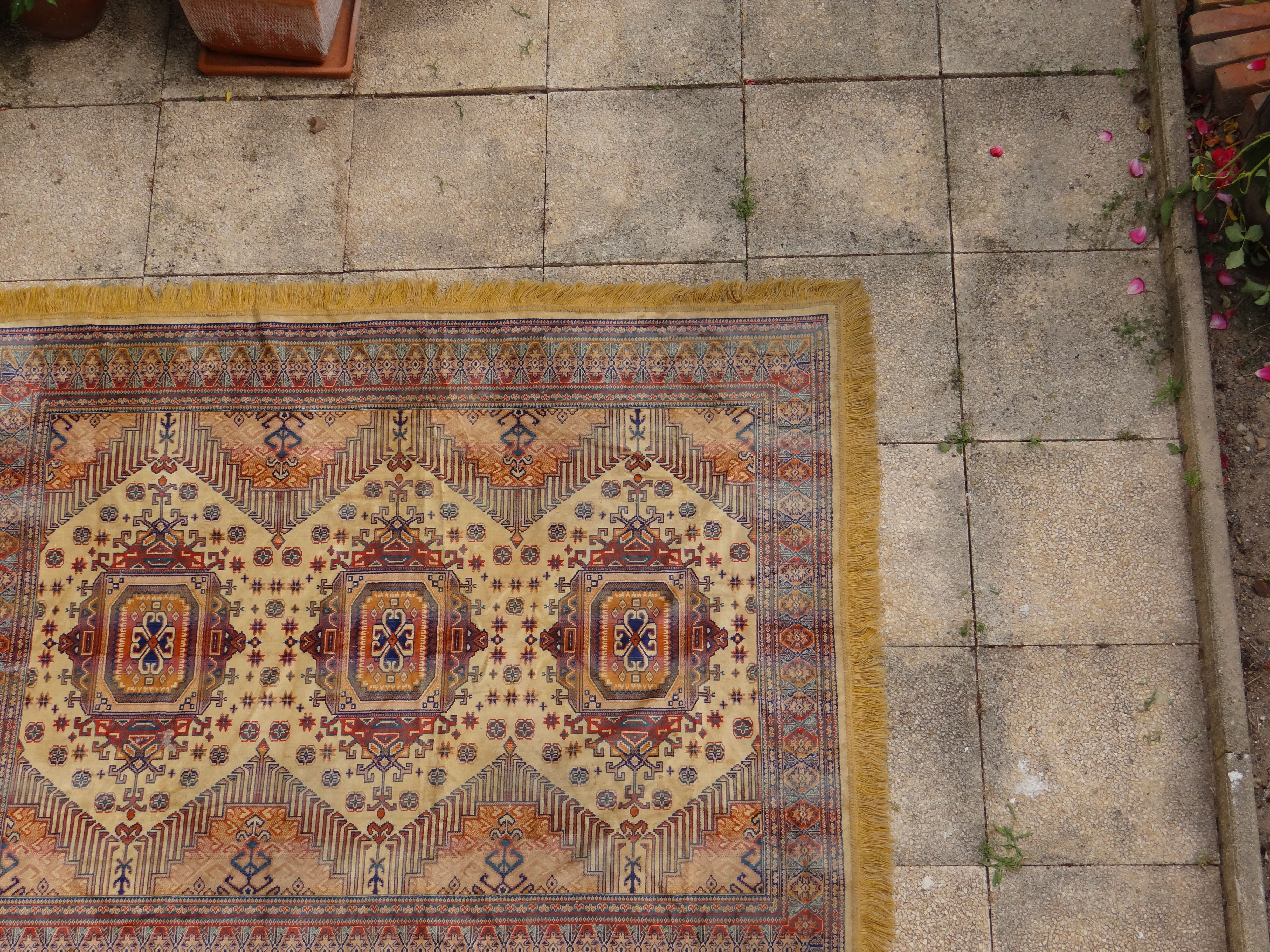 Kazak rug 180x150 cm vintage handmade oriental patterns ochre and burgundy