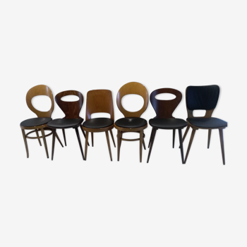 Suite de 6 chaises de bistrot Baumann dépareillées Mondor, Mouette,Fourmi et Max Bill
