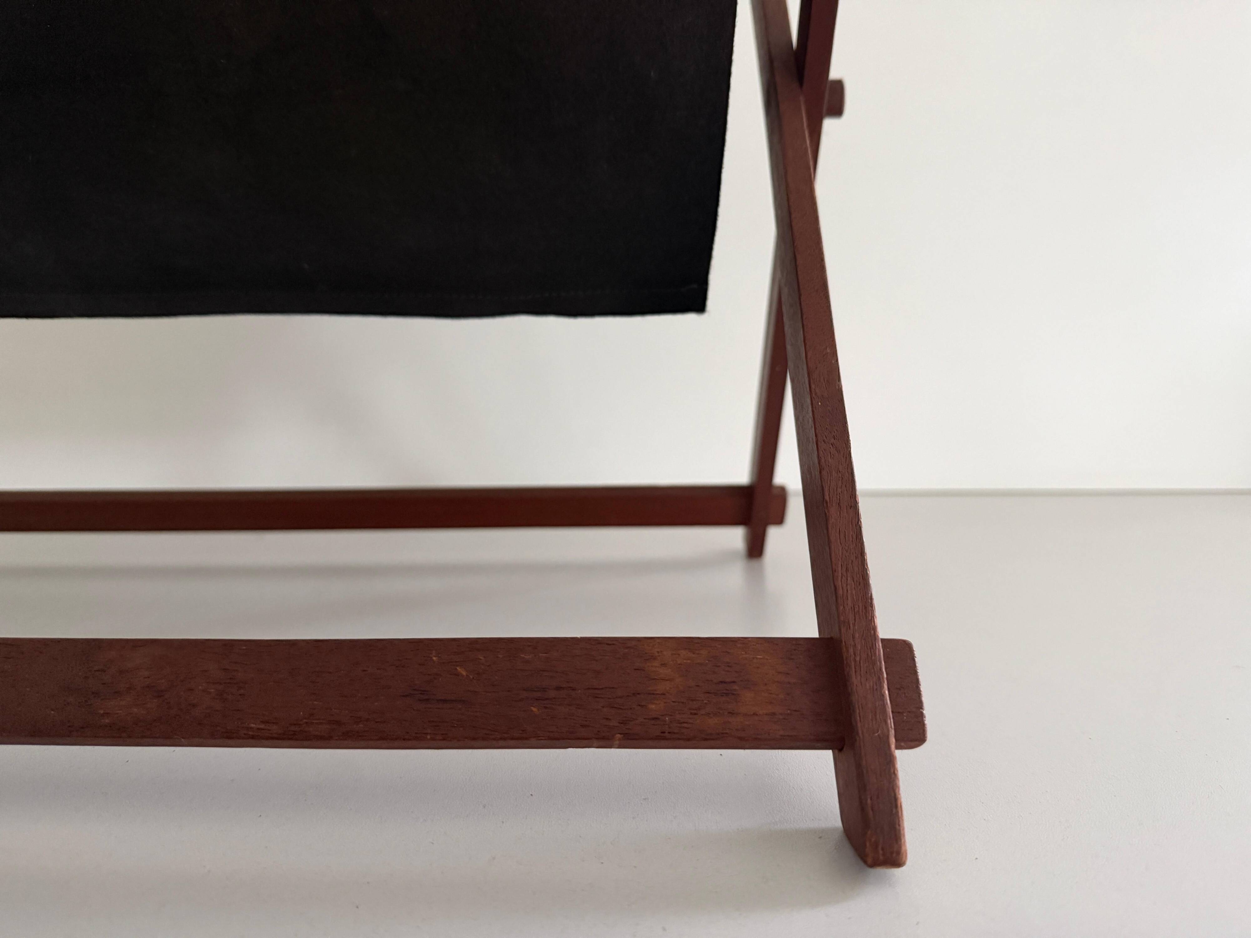 Support stand for mid-century teak and suede magazines and newspapers, 1960, Germany.