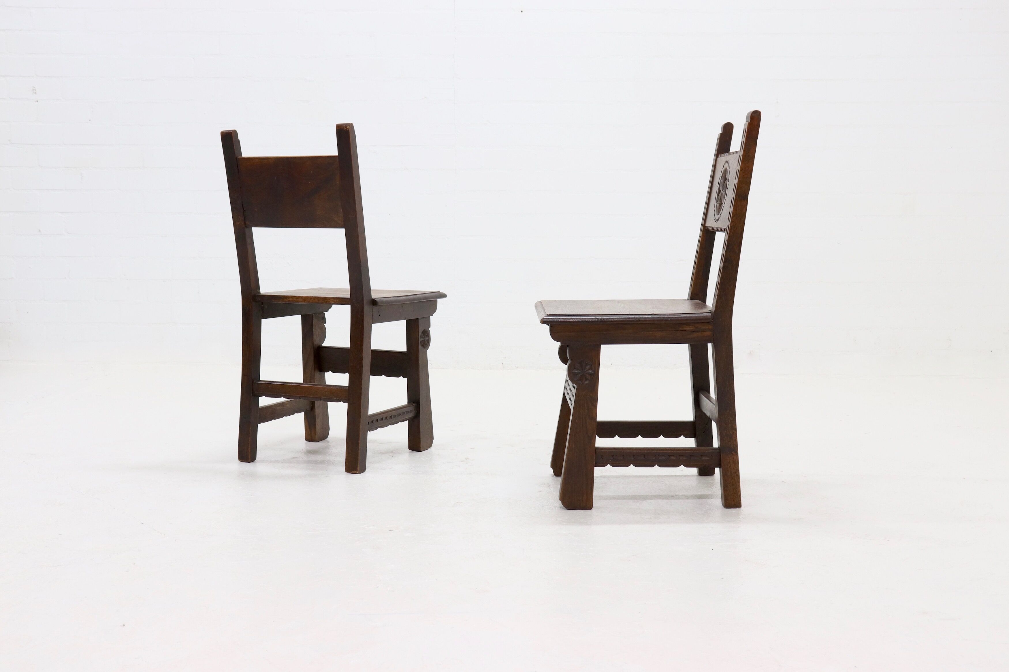Set of 2 19th Century Spanish Hand Carved Oak Chairs