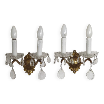 Pair French Vintage Brass Crystal Double Wall Lights - Cut Glass Bobeches