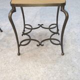 Pair of wrought iron side tables with oak tops, French work