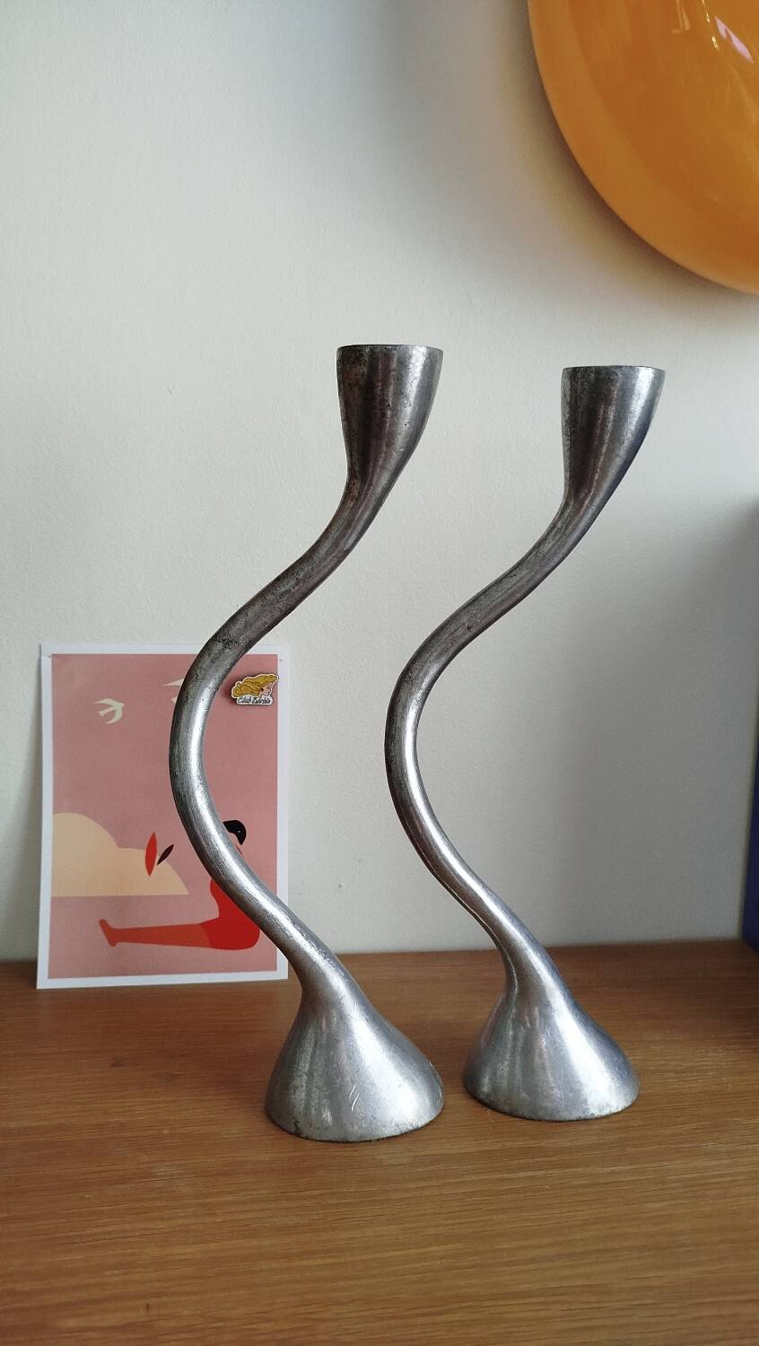 Duo of vintage design metal candlesticks