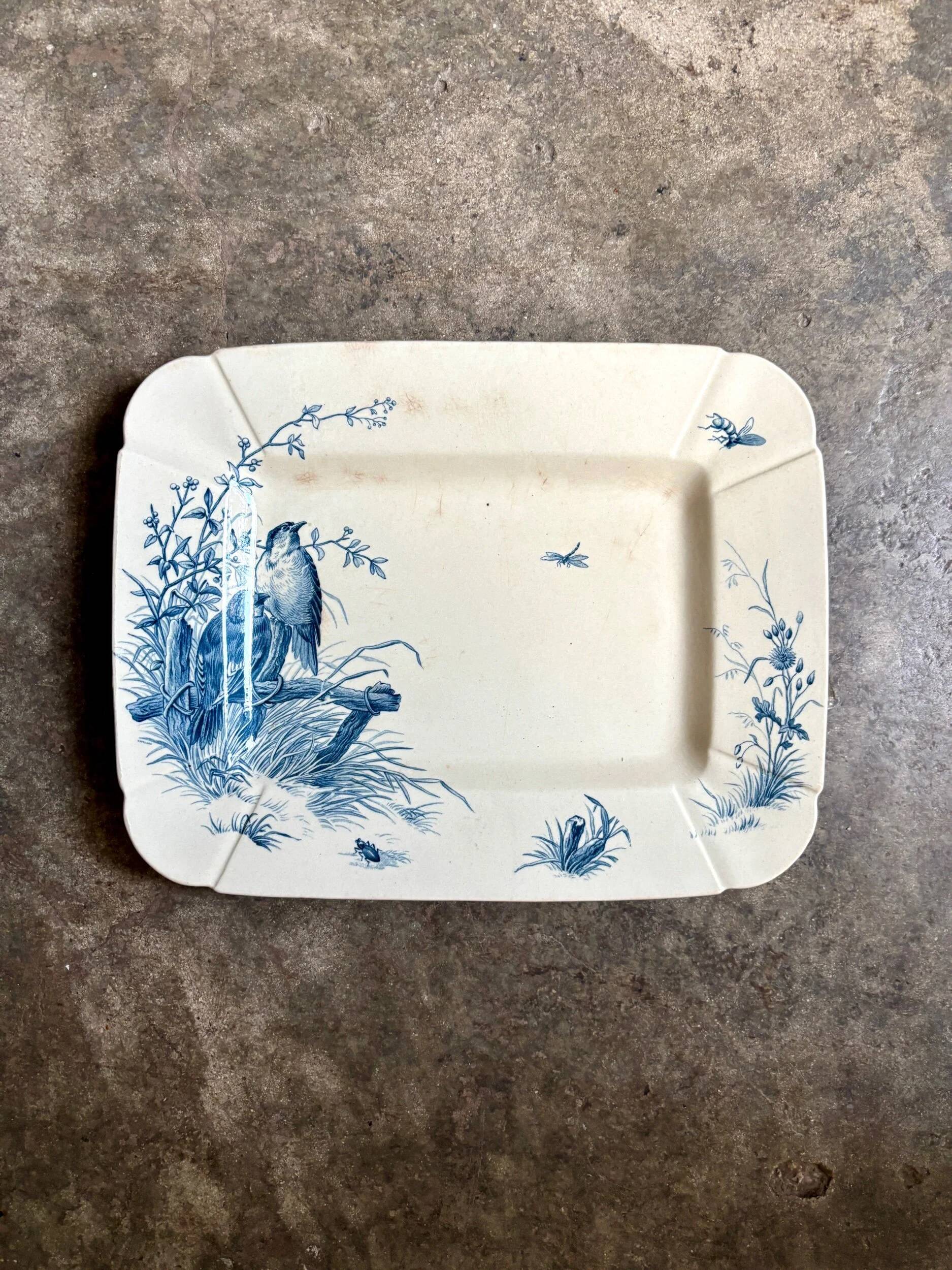 Small rectangular Gien dish in blue ironstone, "Birds" service from around 1870.