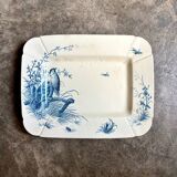 Small rectangular Gien dish in blue ironstone, "Birds" service from around 1870.