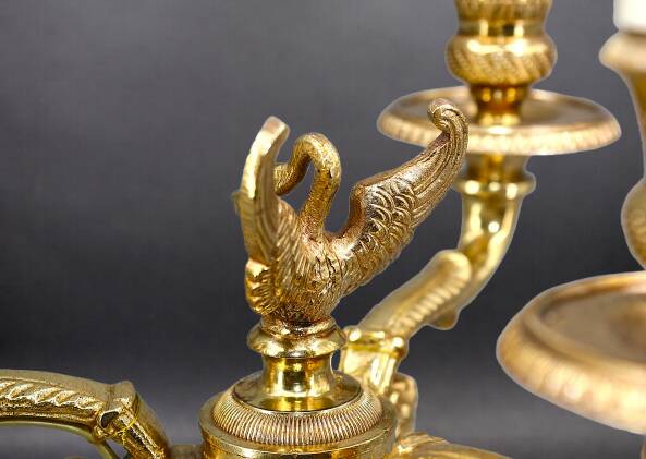 Pair of Chandeliers/Candelabra in Solid Bronze Empire Style Caramel Patina