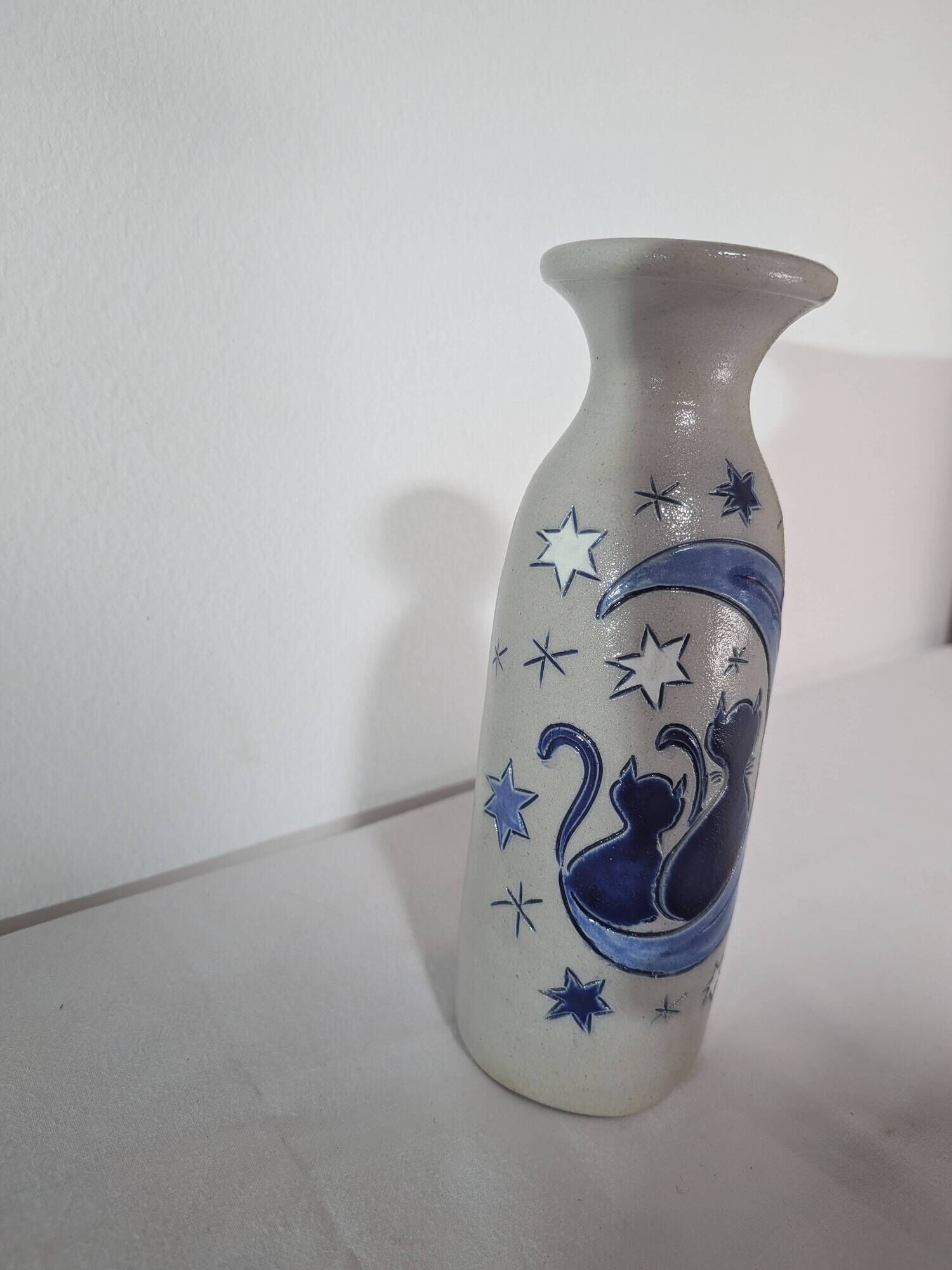Salt-glazed stoneware vase from Betschdorf by Fortuné Schmitter – cats, moon and star