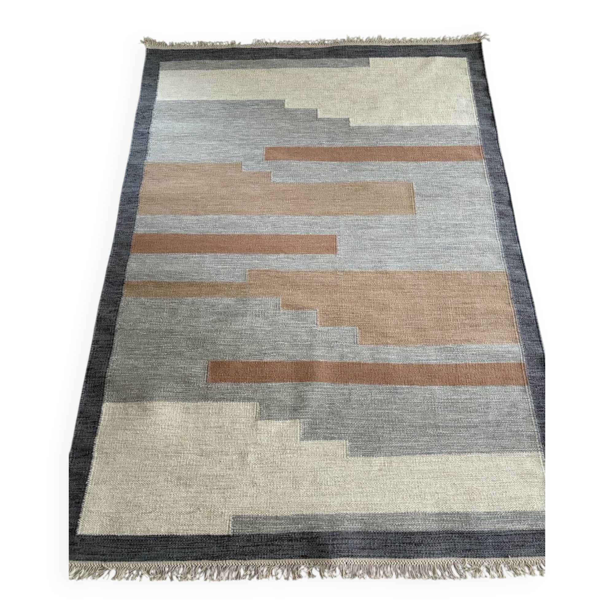 Handwoven wool rollakan rug design 'Wadden' reversible