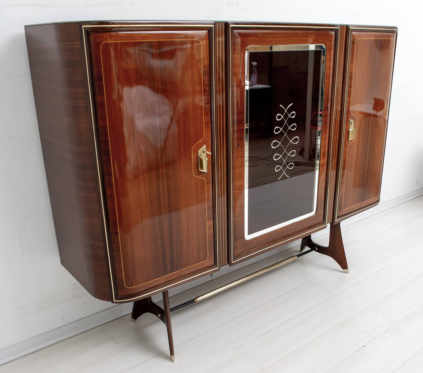 Attributed Gio Ponti Mid-Century Italian Mahogany and Brass Bar Cabinet, 50