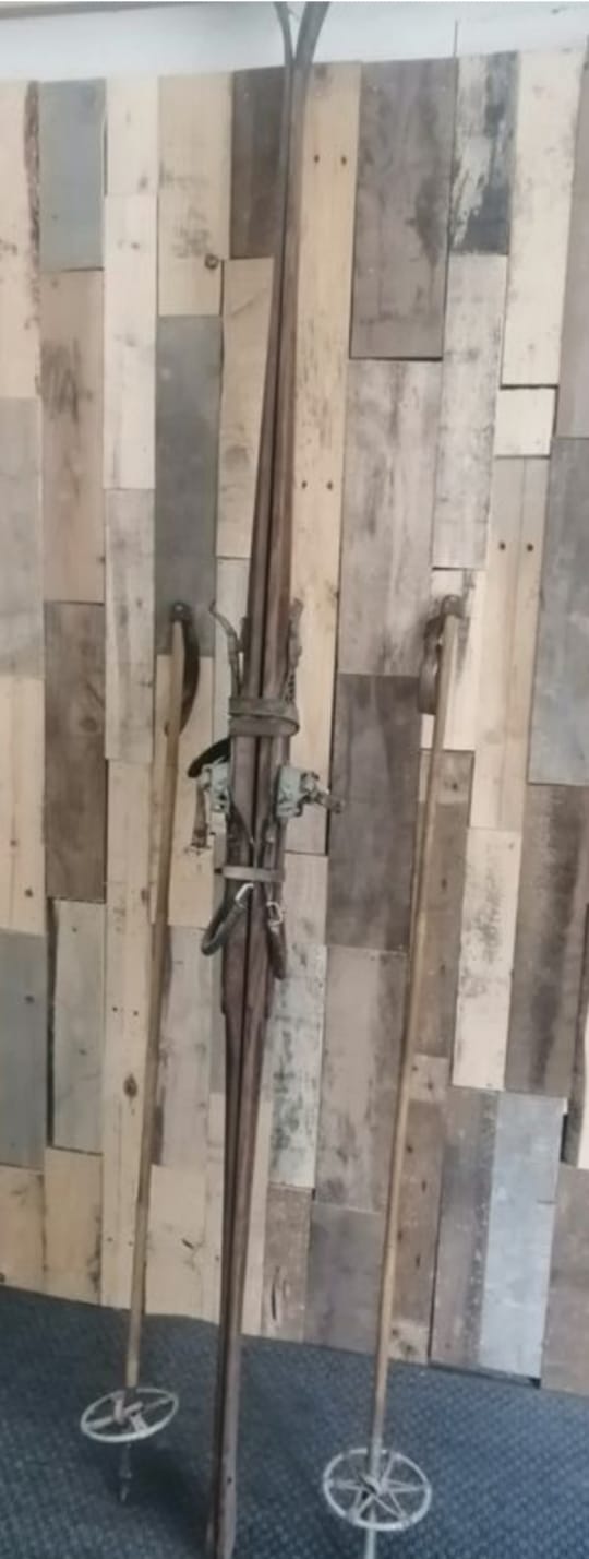 Pair of wooden ski & vintage ski poles year 1940