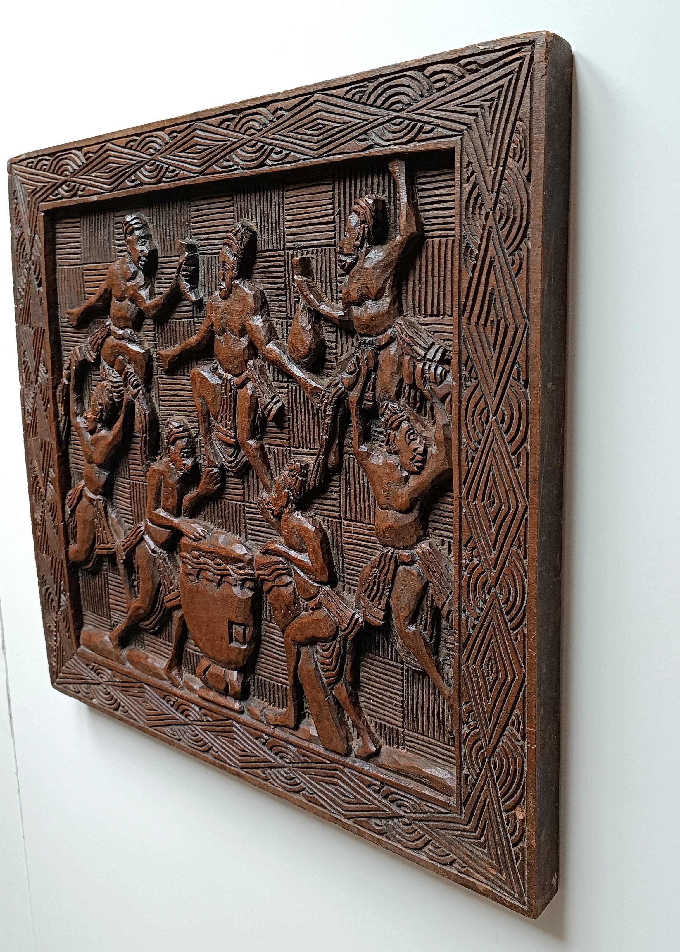 Maurice Sonfack African Tribal Carved Wooden Panel Cameroon